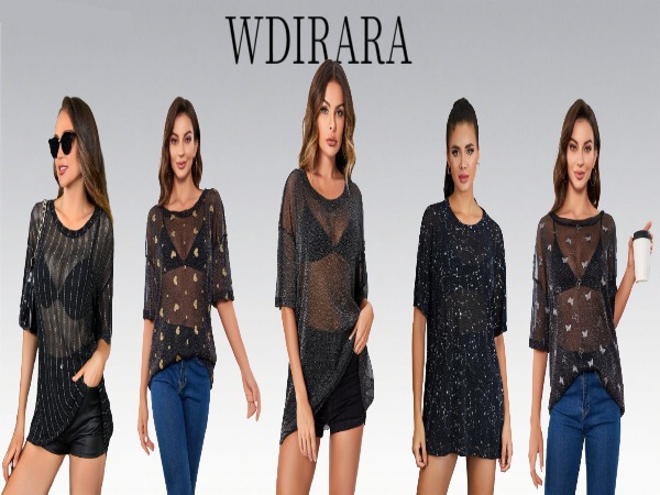 WDIRARA Womens Glitter Sheer Tops See Through T Shirts Mesh