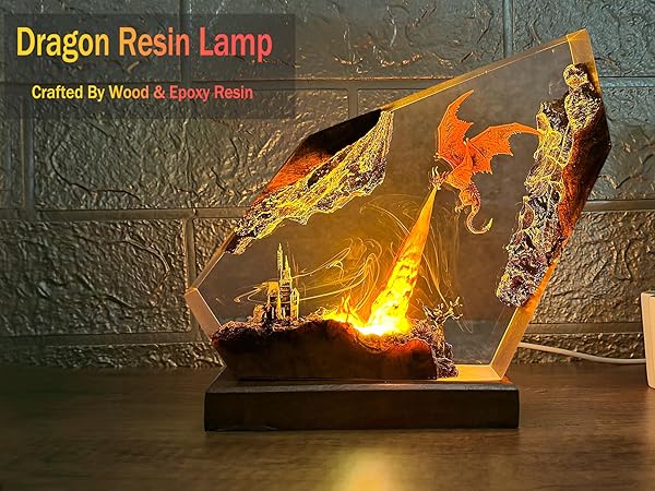 MASDEC Epoxy Resin Lava Dragon Lamp, Handmade Art Piece 3D Fire