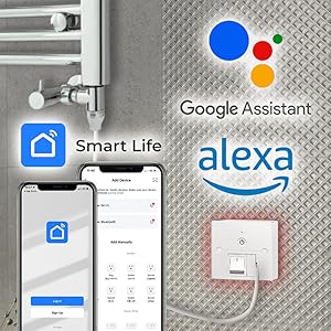 Smart home device integration showing Smart Life app interface on phones, Google Assistant logo, Alexa logo, and a wall-mounted smart plug or outlet.