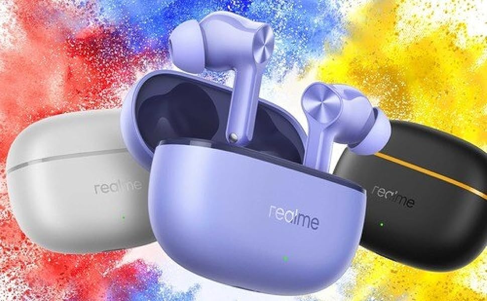 realme Buds T200 Lite in White, Purple and Black-Yellow with compact oval charging case