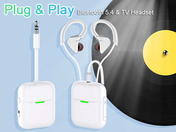 Complete wireless audio setup showing old TV connected to bluetooth transmitter and wireless earbuds