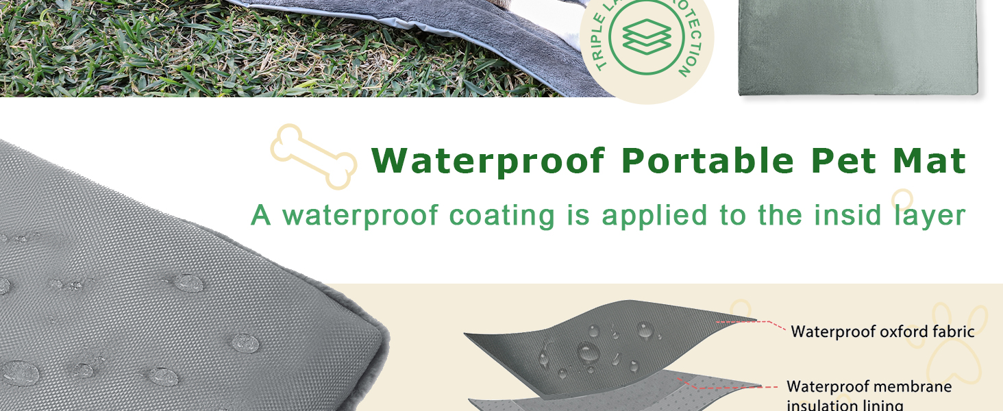 Waterproof portable pet mat diagram showing layered construction with waterproof coating and reinforced fabric layers.