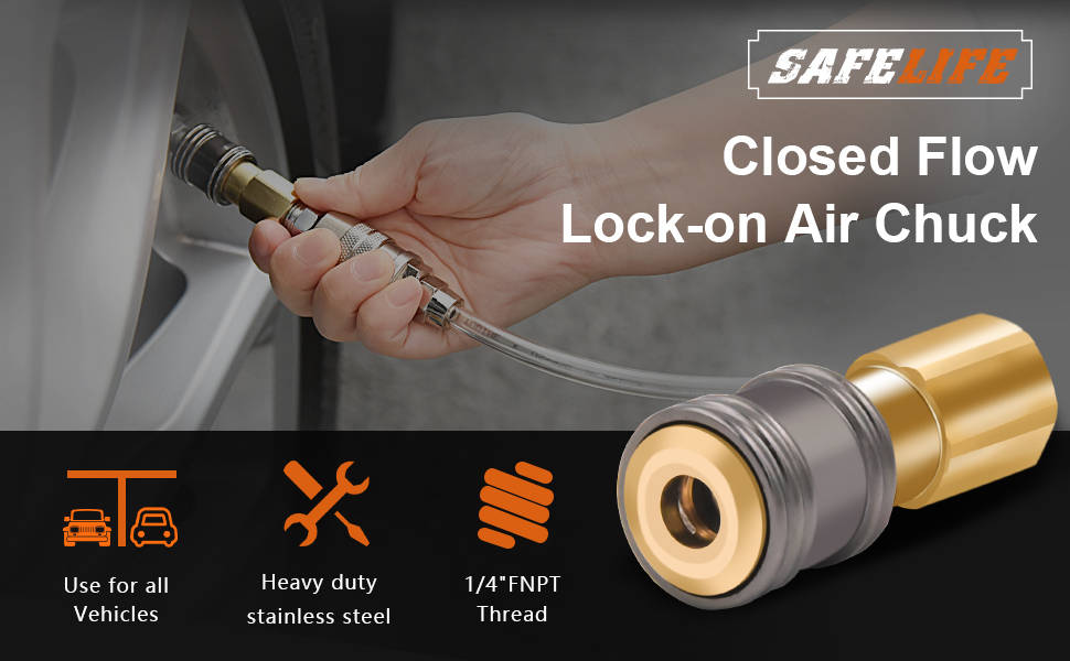 SAFELIFE Air Chuck Lock on 1/4 FNPT Closed Flow Tire Chuck