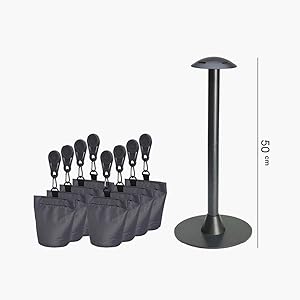 A set of black stands including a tall 50cm pole and multiple shorter stands with clips, arranged alongside gray fabric pouches.
