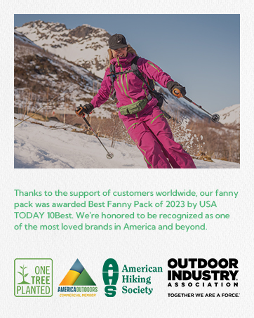 Text reads 'Thanks to the support of customers worldwide, our family pack was awarded Best Family Pack OF 2023 by USA...' Images show winter sports activities against snowy mountain backdrop.