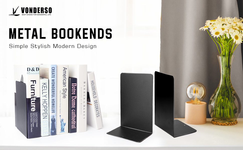 VONDERSO Metal Bookends, 4 Pairs Black Metal Book ends Heavy Duty for
