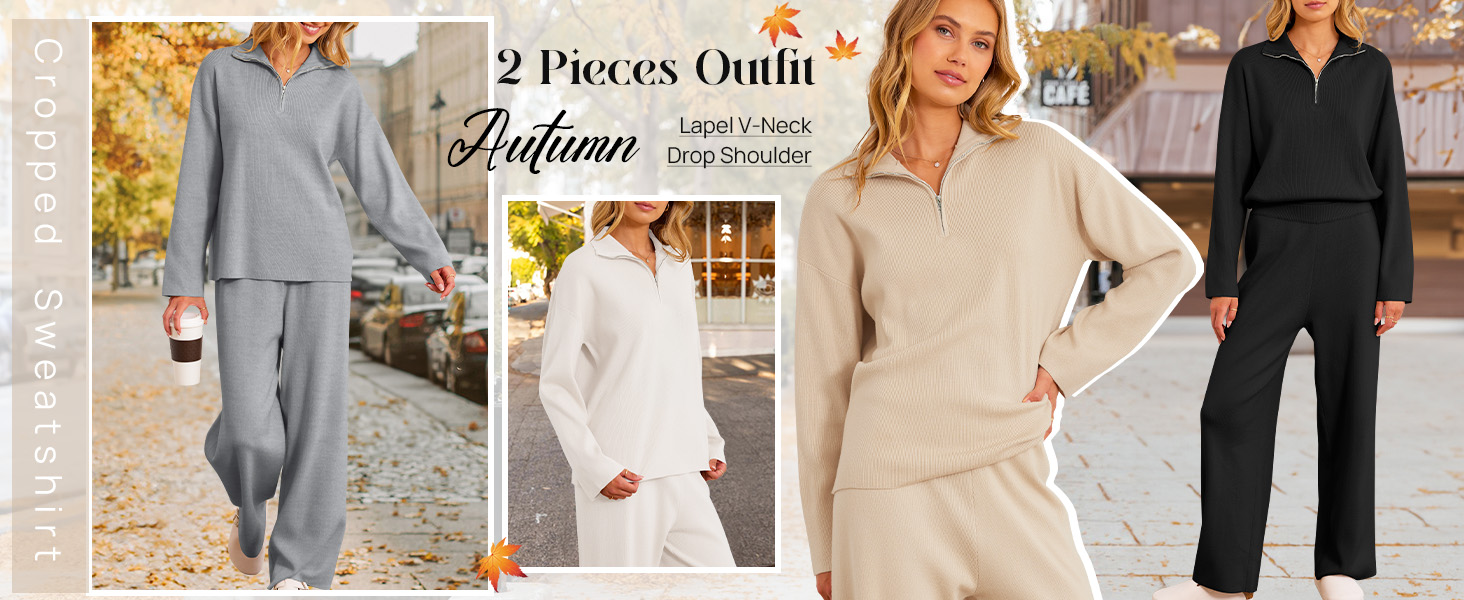 Two Piece Sets Zip Up Sweater Top and Wide Leg Pants
