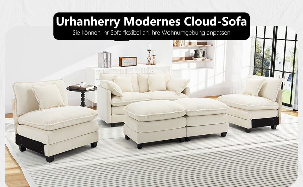 Serie von Sofas und Wohnzimmermöbeln aus weißem Leder, präsentiert in einer modernen, hellen Inneneinrichtung mit weißen Wänden.