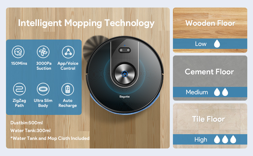 Bagotte Robot Vacuum Cleaner with Mop, 3000Pa Strong Suction Robot Vacuum with Mapping Display