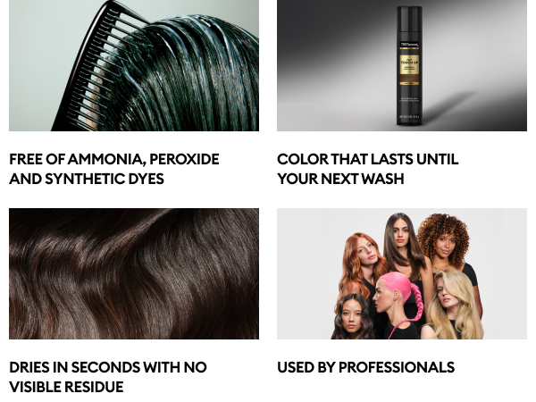 Comb gliding through hair, TRESemmé spray bottle, glossy waves, & diverse women with vibrant styles