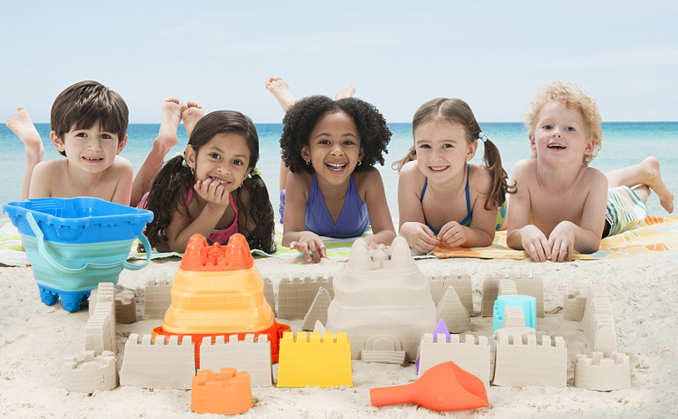 beach toys toddlers 1-3, sand toys kids ages 4-8, collapsible sand buckets sand castle building kit