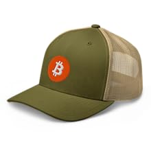 green khaki and brown embroidered bitcoin logo trucker hat. breathable mesh backing with snap back  