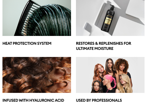 Comb through hair, TRESemmé bottle, shiny curls, & diverse women with bold styles.