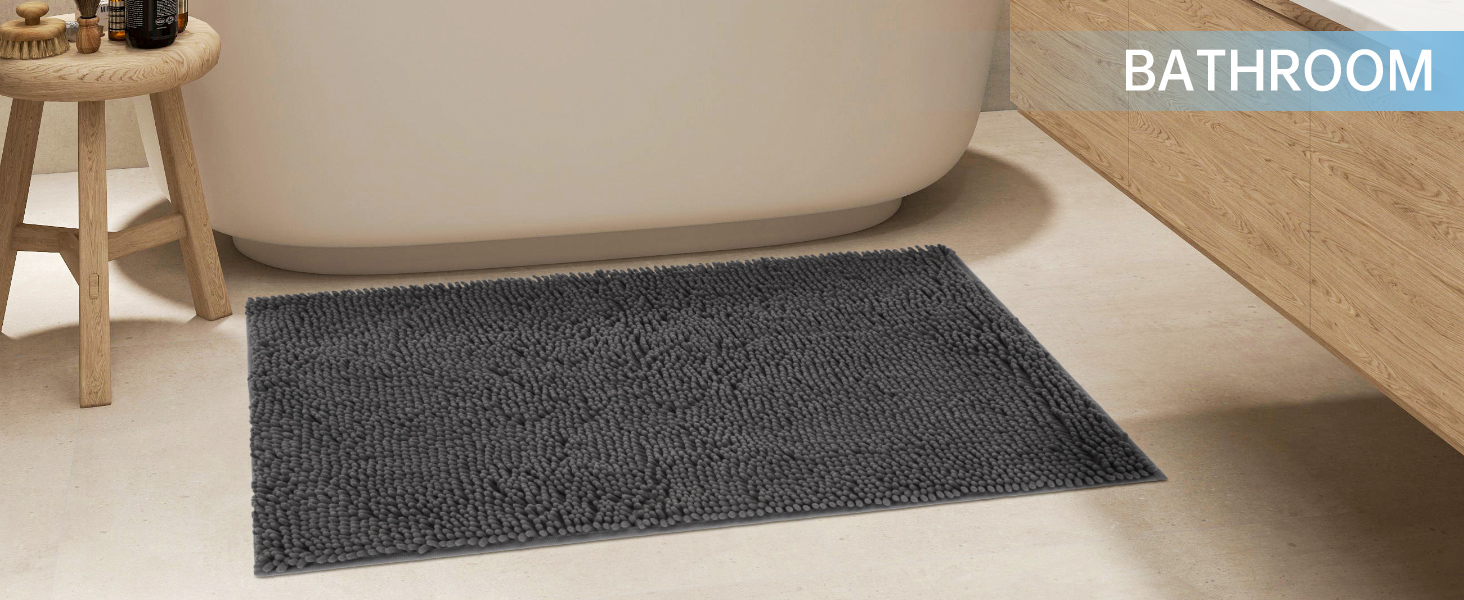 A chenille doormat is placed in the bathroom.