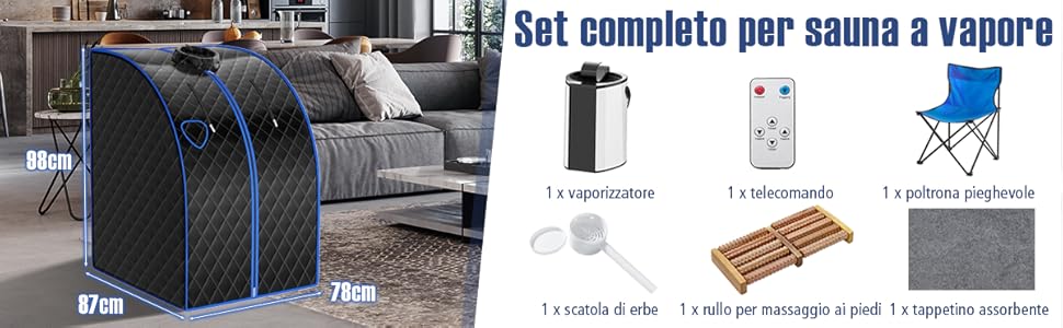 Set per sauna a vapore portatile con tenda, vaporiera, telecomando, sedia e accessori. Le dimensioni della tenda sono indicate come 80 cm x 70 cm x 75 cm.