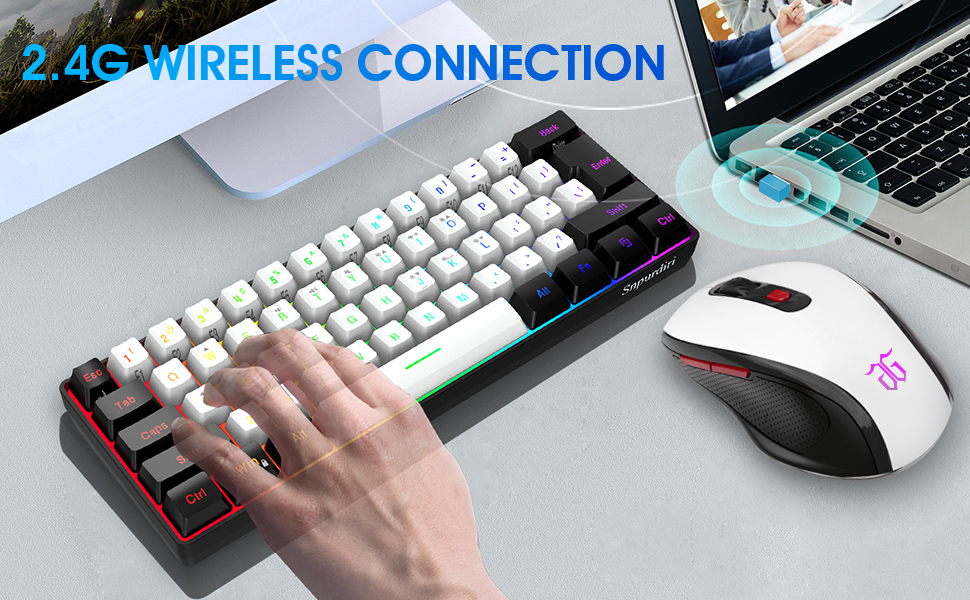 Snpurdiri 2.4G Wireless Gaming Keyboard Mouse Combo Mini 60% Merchanical Feel RGB Backlit Keyboard