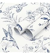 Safiyya Peel and Stick Wallpaper Floral Birds Contact Paper Blue White Wallpaper Peel and Stick M...