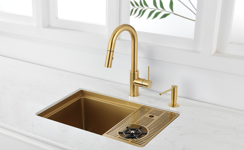 AguaStella AS1514XG Brushed Gold Bar Sink with Glass Rinser Stainless