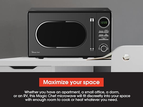  A Magic Chef microwave. Text reads: Maximize your space. 