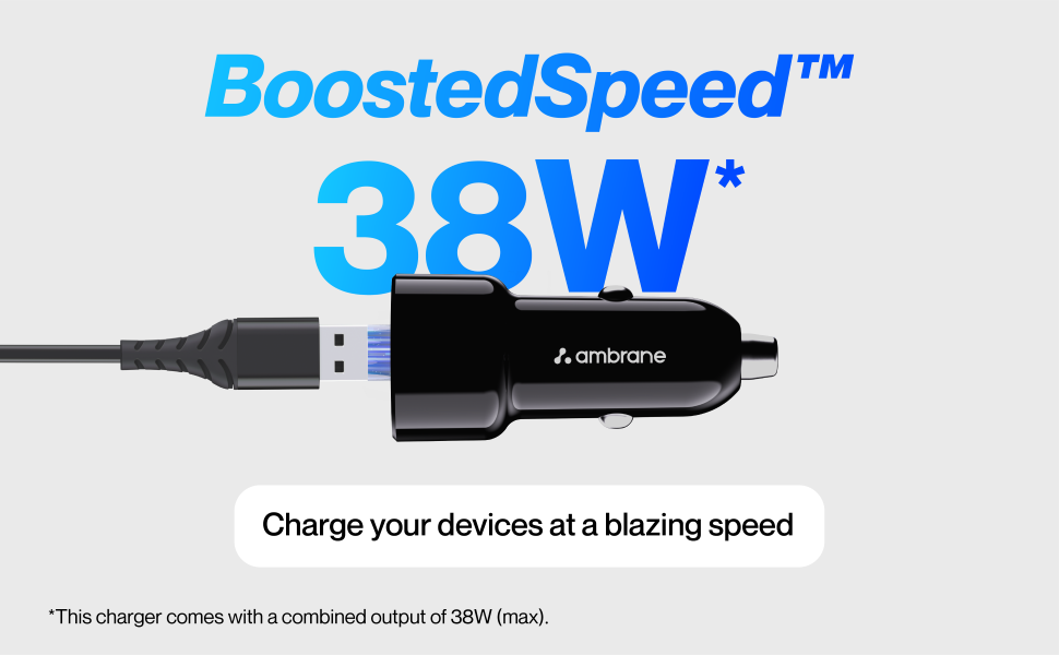 Ambrane 38W Fast Car Charger with Dual Output, Quick Charge 3.0 and