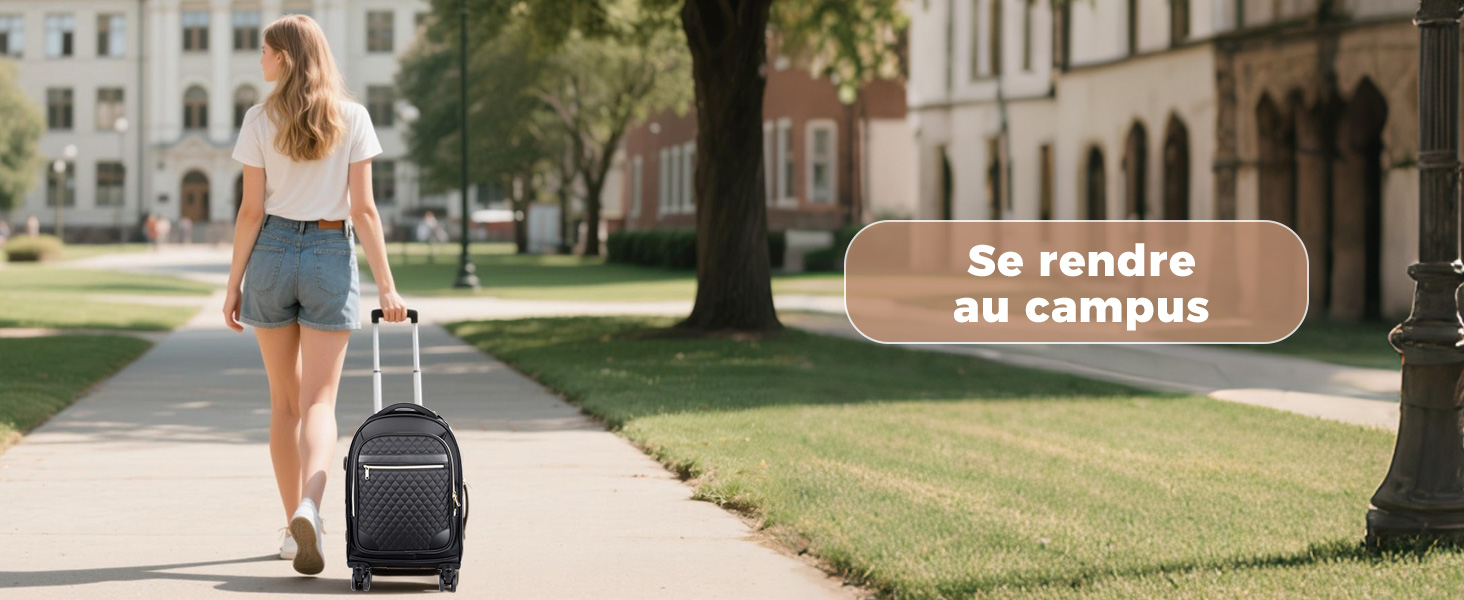 Le texte se lit comme suit : « se rendre au campus ». L'image montre une personne marchant à l'extérieur avec des bagages à roulettes sur le sentier du campus universitaire.