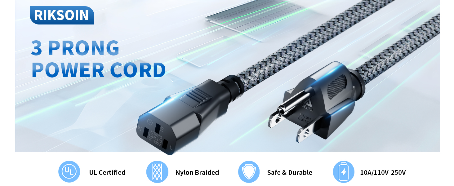 Power Cord 3 Pin Power Cord Braided,10FT/3m AC