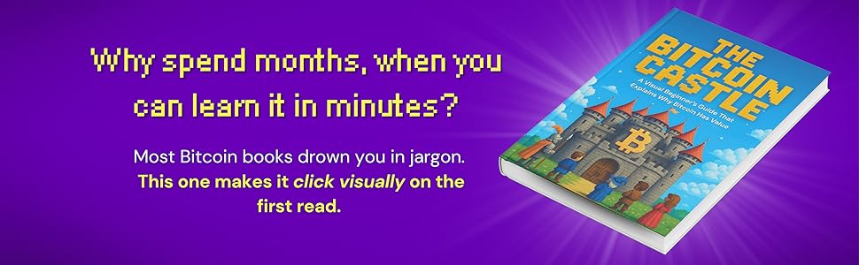 The Bitcoin Castle book banner with pixel art and learning slogan