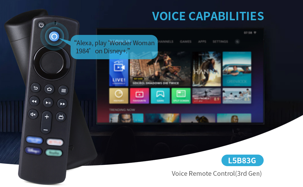 Voice-controlled remote for streaming device. Black remote with buttons next to TV screen showing voice command interface. Model L5B83G mentioned.