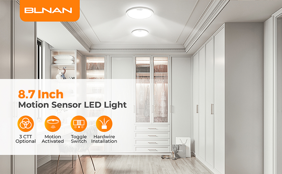motion sensor activated LED flush mount ceiling light fixture detection detected 8.66inch 18w blnan