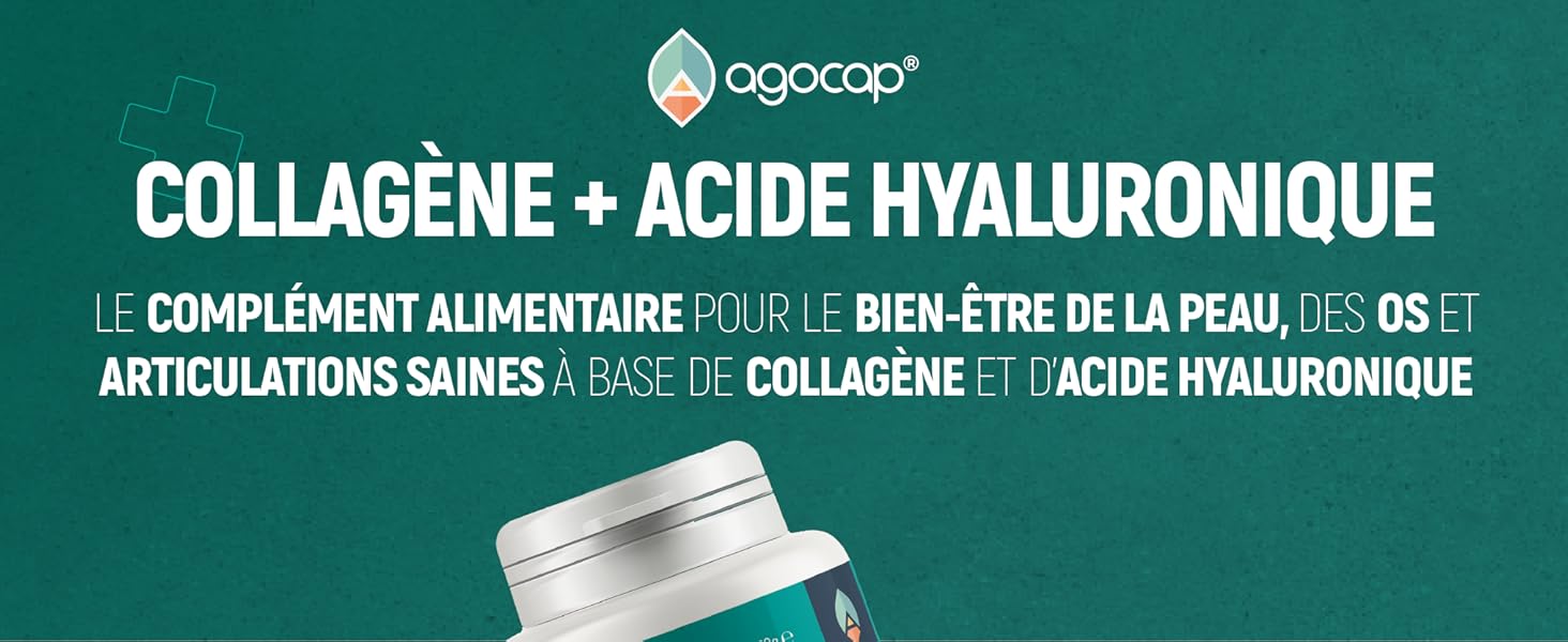 Image du produit pour le supplément de collagène et d'acide hyaluronique. Fond vert avec texte blanc décrivant les bienfaits pour la santé de la peau et des articulations.