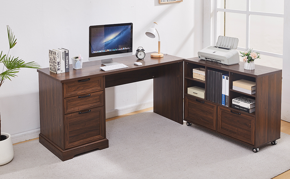  L-Shaped Executive Desk with 40" File Cabinet
