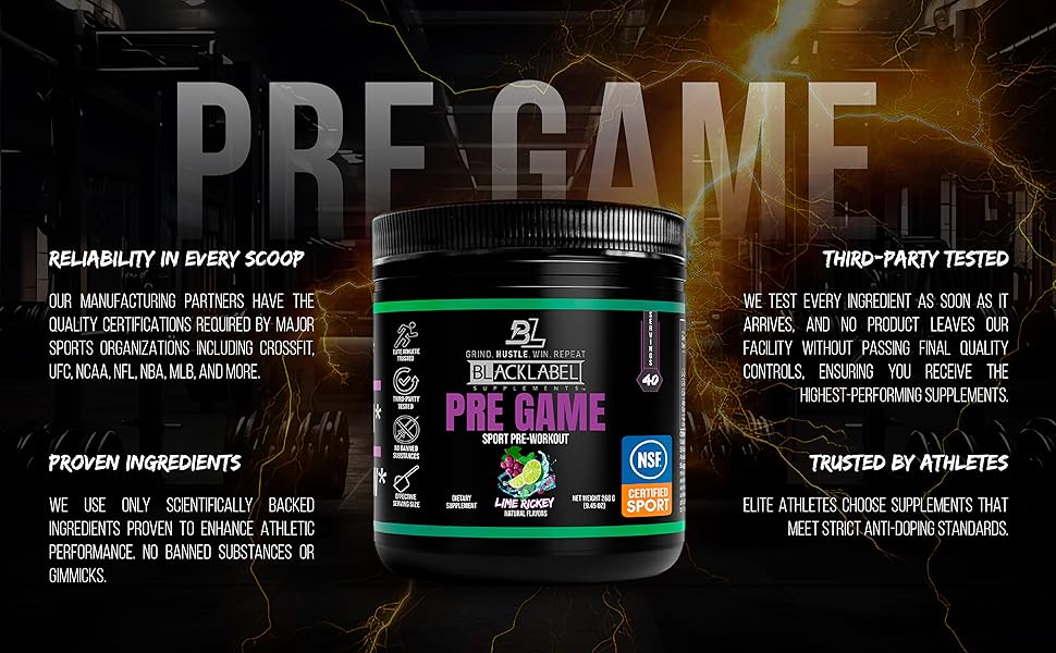 BlackLabel Lime Rickey Pre Game jar in gym with callouts for testing, purity, and clean ingredients