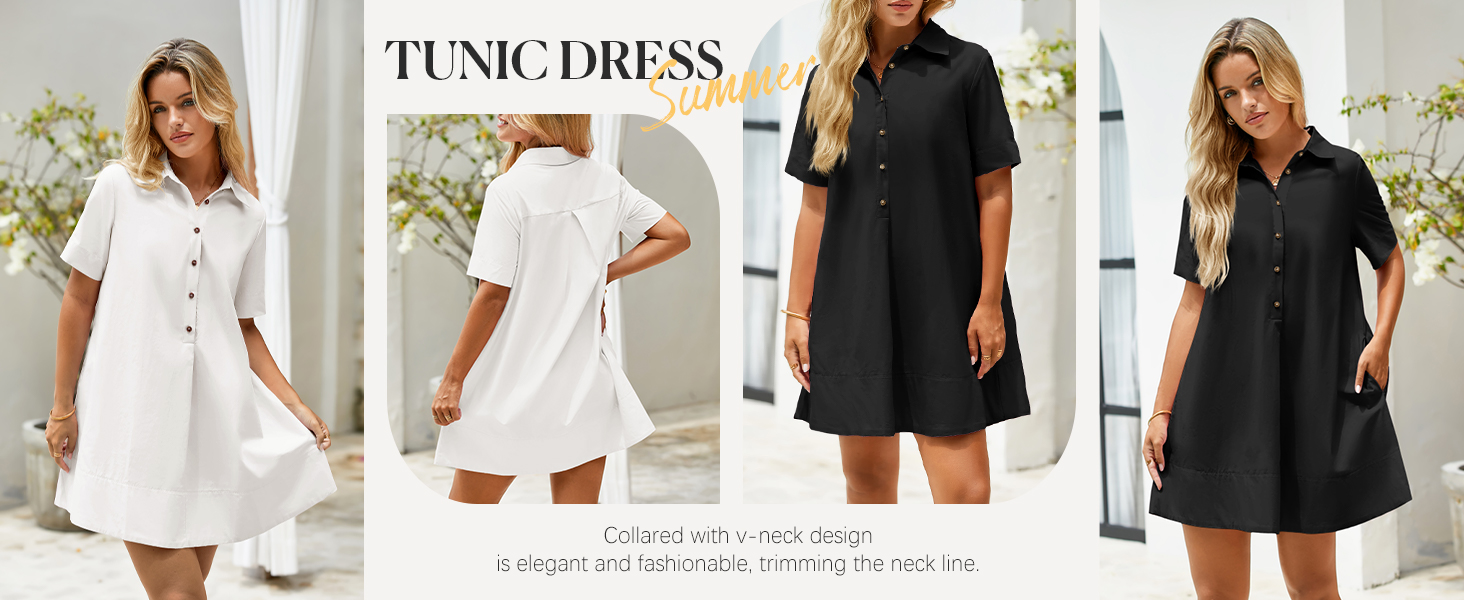Wenrine Womens Button Up Collared V Neck Dresses