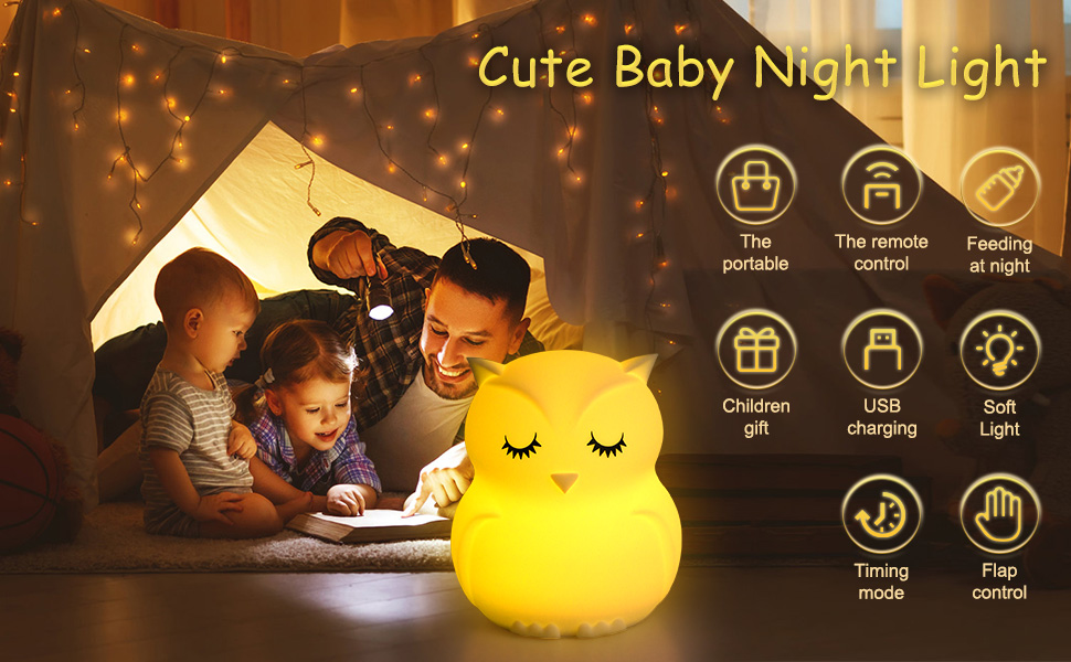 Cute Owl Night Light Kids, 9 Colours Baby Night Light, USB Rechargeable