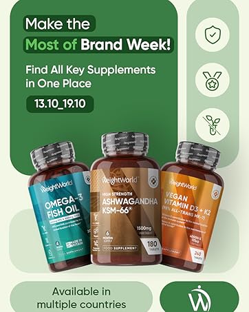 Text reads 'Make the Most of Brand Week!' '13.10-19.10' 'Available in multiple countries'. Product display of three supplement bottles in teal, brown, and orange colors.