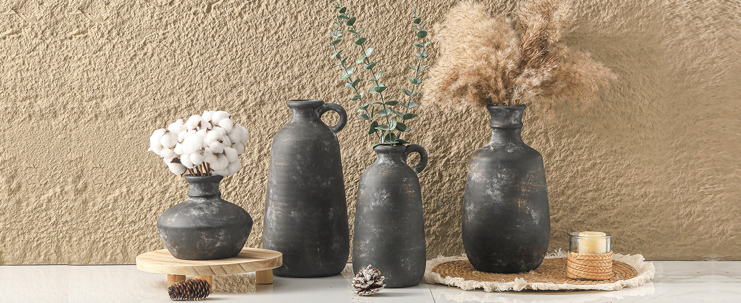 Ceramic Farmhouse Vase, 10" Black Rustic Decor Vase