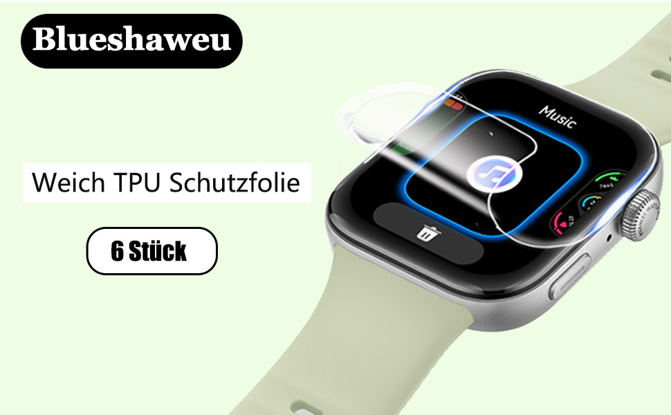 Blueshaweu brand screen protector advertisement for smartwatch, showing 6-piece TPU protective film package.