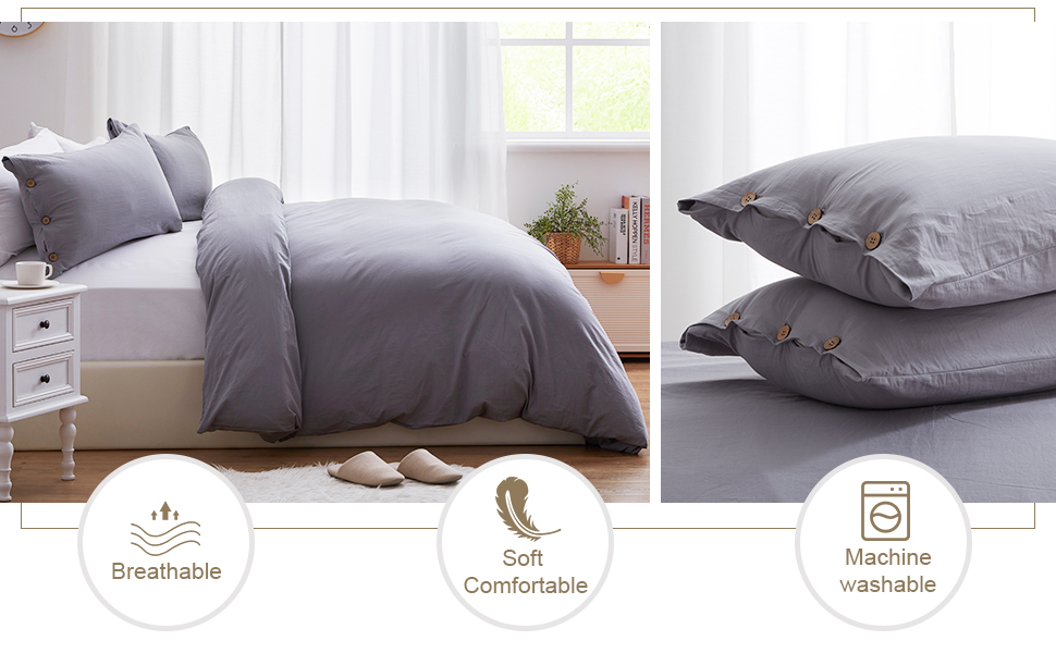 SunStyle Home 100 Washed Cotton Duvet Cover Set Breathable Soft Twin Dark Grey