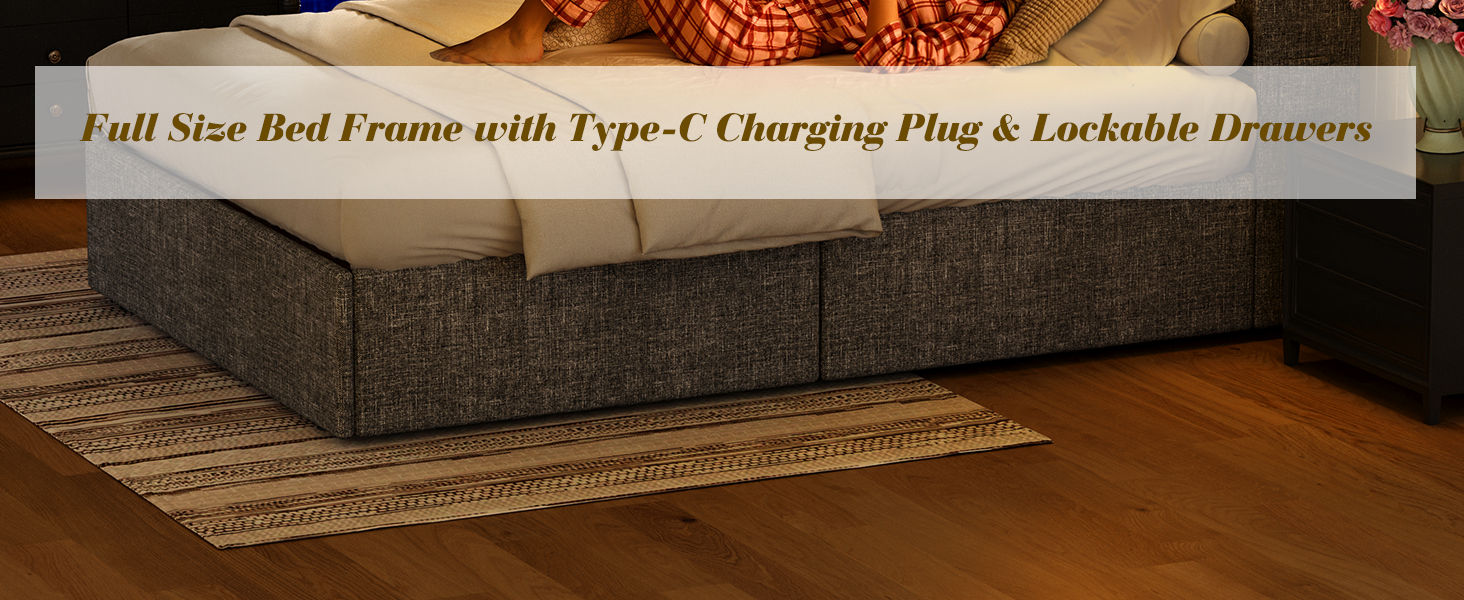 Full Size Bed Frame and 2Tier Headboard, Upholstered Led