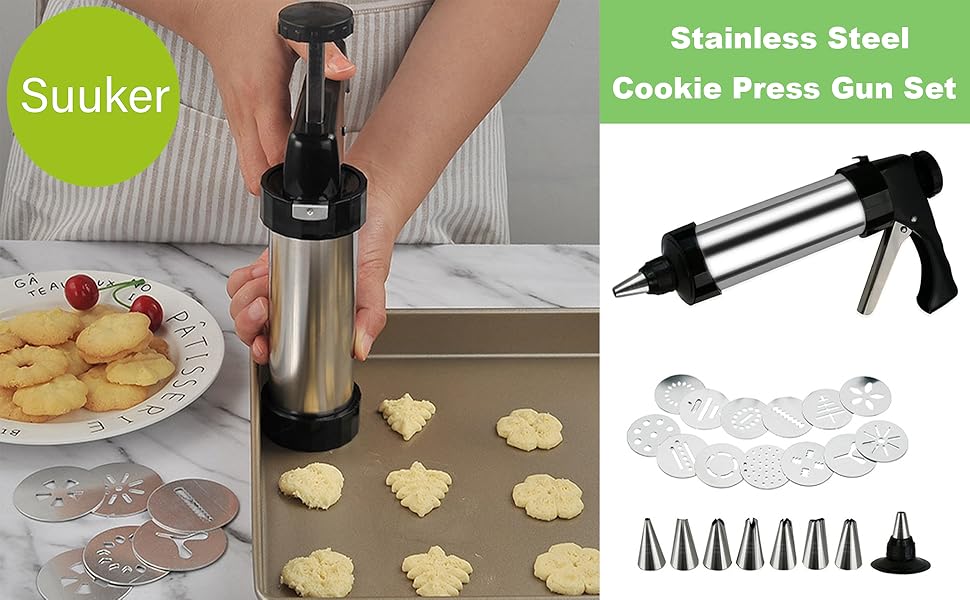 Suuker Cookie Press Gun Set,Stainless Steel Icing Decoration Press Gun Kit with 13