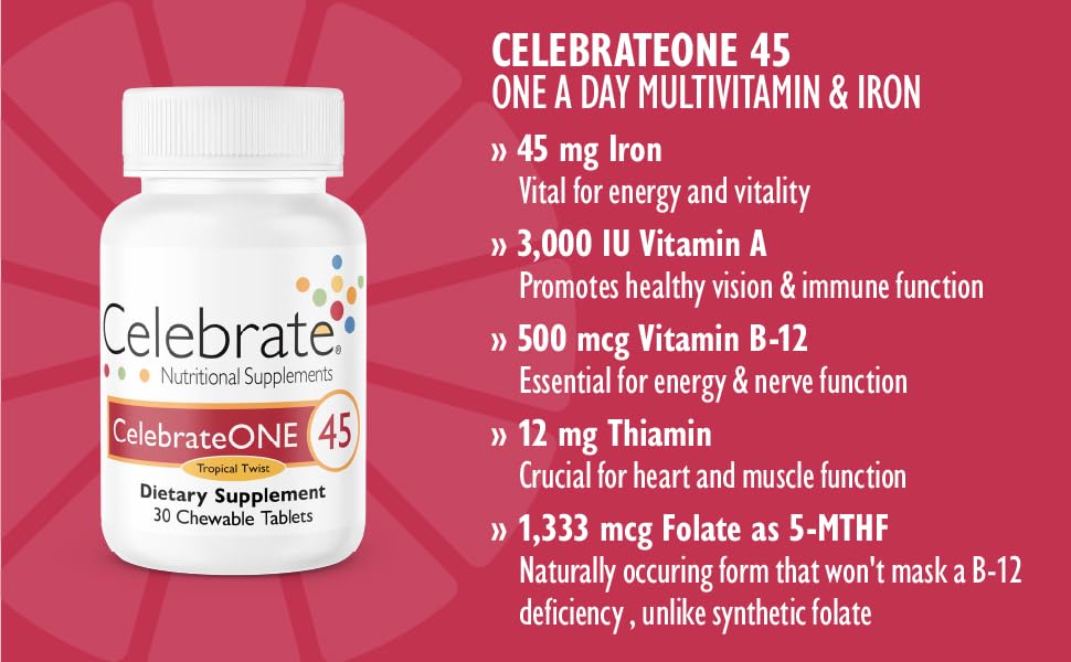 Celebrate Vitamins CelebrateONE 45 Bariatric Once daily Multivitamin with Iron chewables- Features