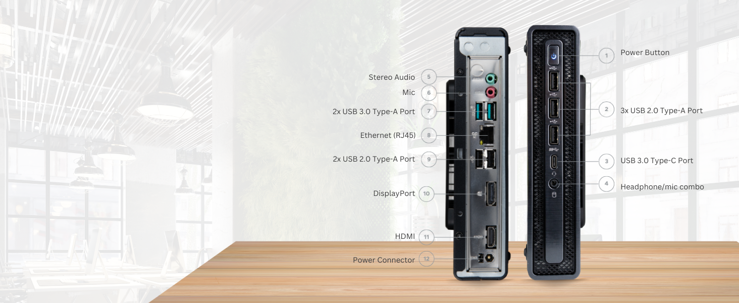 Envision M1 office PC has a plethora of ports in the front & back to connect all your peripherals 