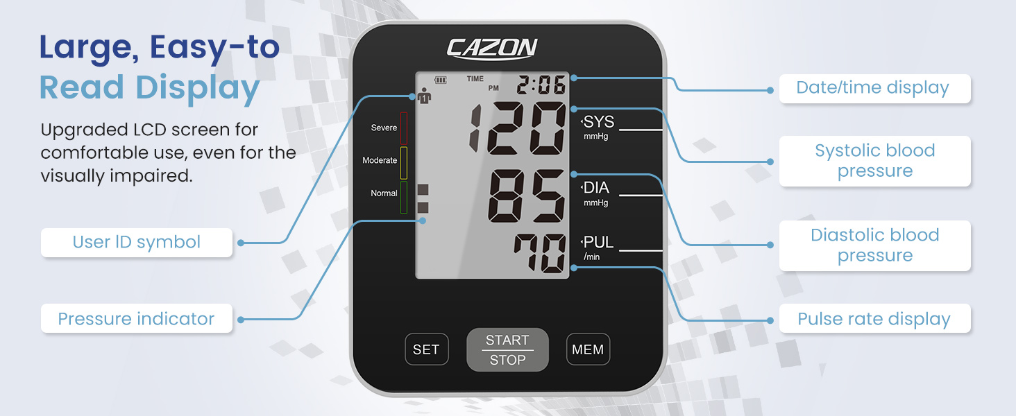 Digital blood pressure monitor with large LCD display. Shows systolic, diastolic, and pulse readings. Features include pressure indicator and memory function.