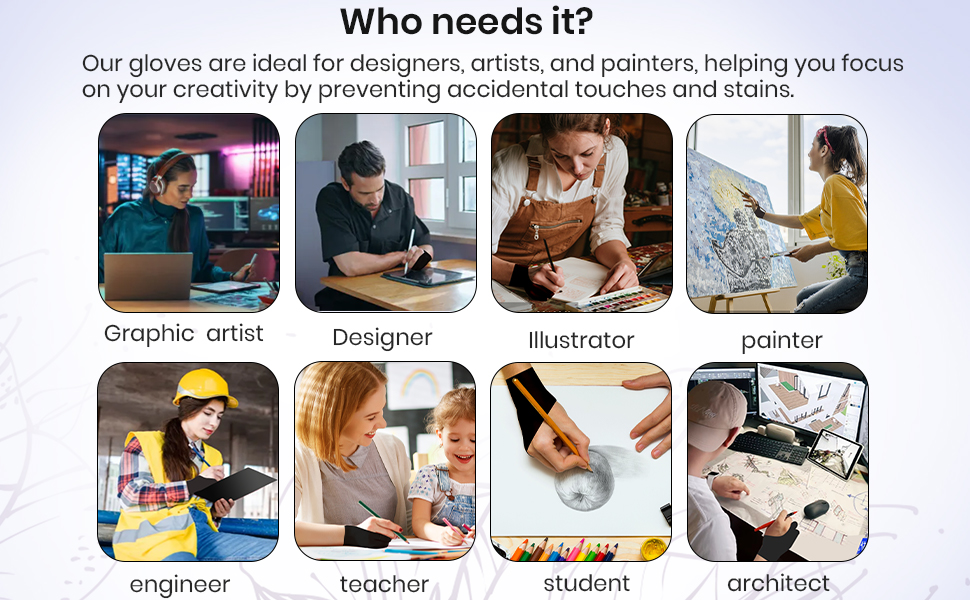 Ideal for designers, artists, and painters, our gloves prevent accidental touches and stains