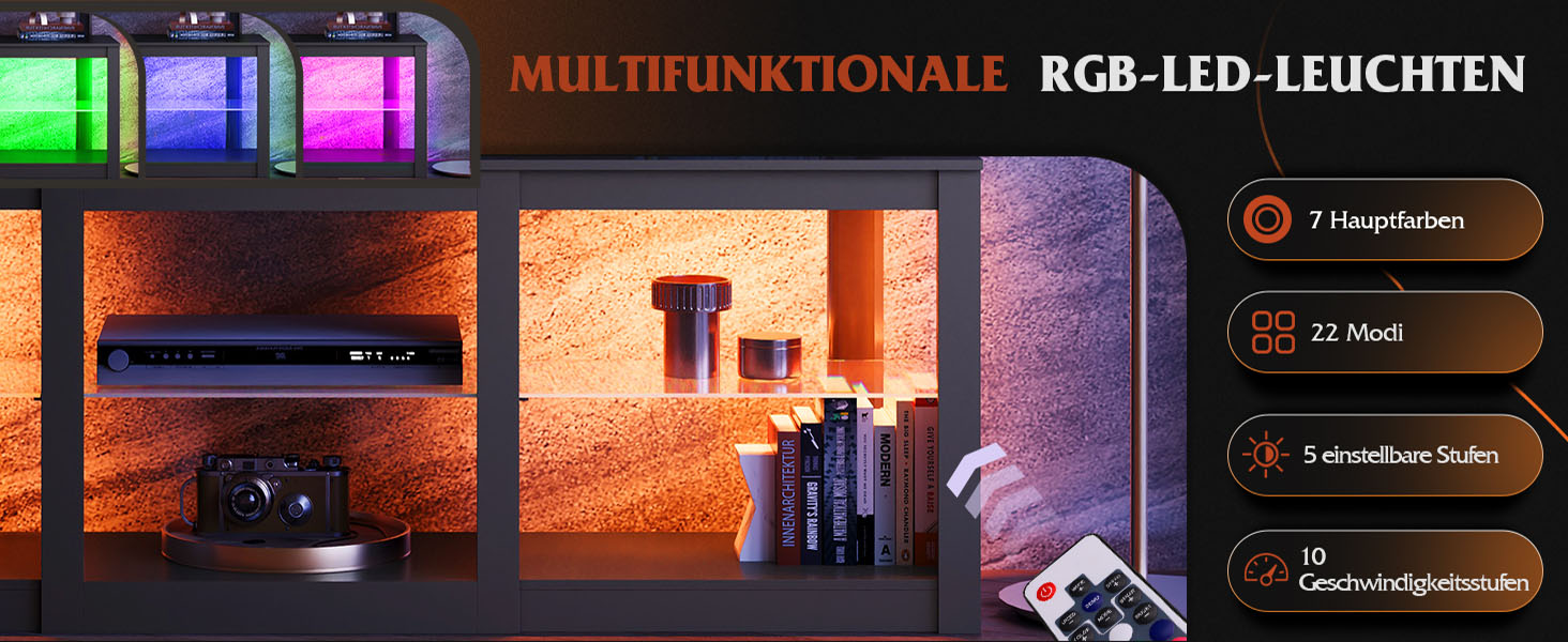 Der Text lautet „MULTIFUNKTIONALE RGB-LED-LEUCHTEN“. Produktpräsentation eines LED-Beleuchtungssystems mit mehreren Farbmodi, dargestellt in lila, roter und blauer Beleuchtung.