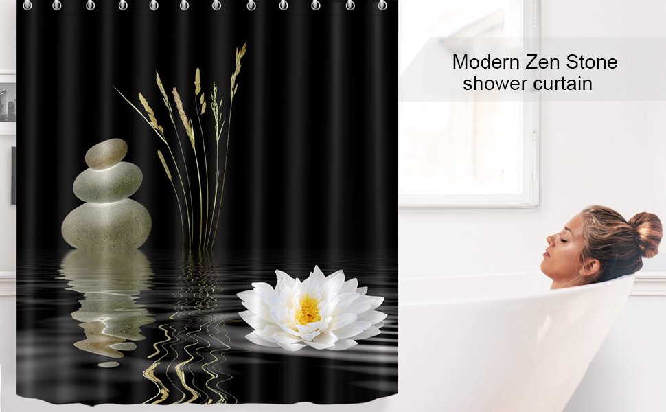 LB Asian Zen Stone Shower Curtain, Japanese Water Lily Spa
