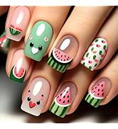 Cute French Tip Press on Nails Short Square Fake Nails with Designs Watermelon Glue on Nails Summ...
