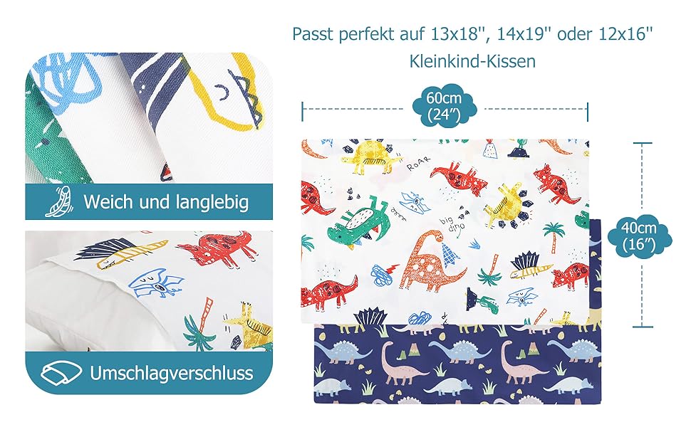 avec motif de dinosaure coloré et fermeture zippée. Dimensions du produit indiquées : 13 x 18 pouces, 14 x 19 pouces ou 12