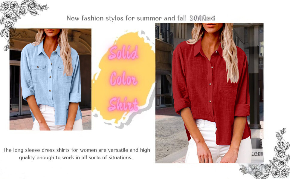 Women's V Neck Cuffed Long Sleeve Solid Color Button Down Shirts Casual Office Work Blouses Top