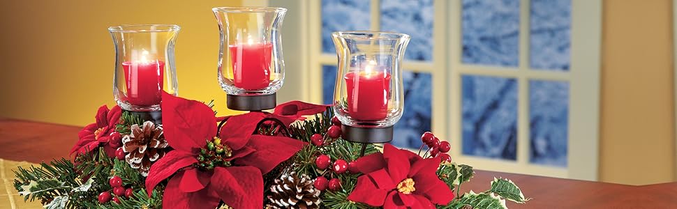 Christmas Joy Candle Holder Hurricane faux pine poinsettia pinecone